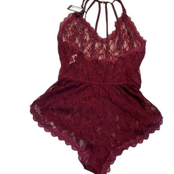 Mapale Babydoll Lace Romper Sexy Burgundy Lingerie NWT Size Small - Picture 2 of 3